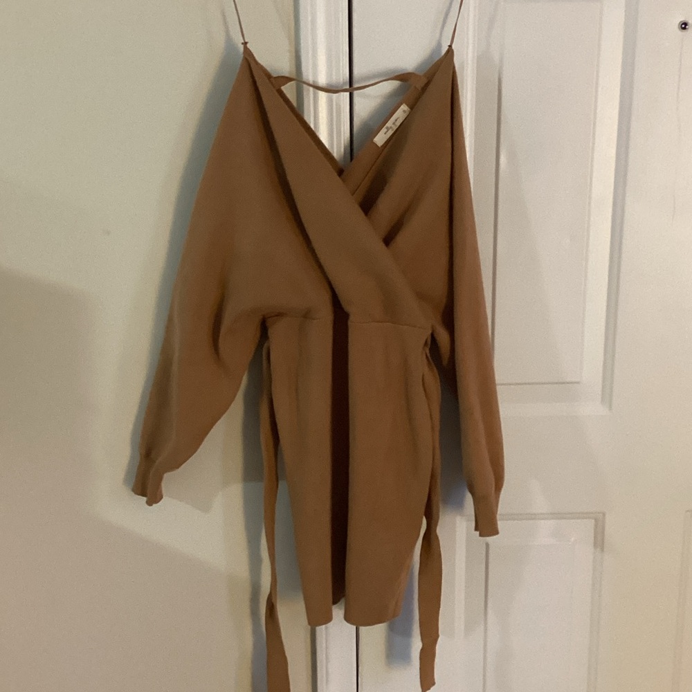 Women’s Wrap-Front Long Sleeve Dress in Camel